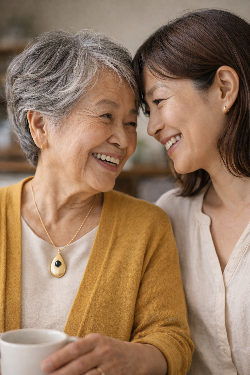 Elderly mother and adult daughter sharing a warm moment together