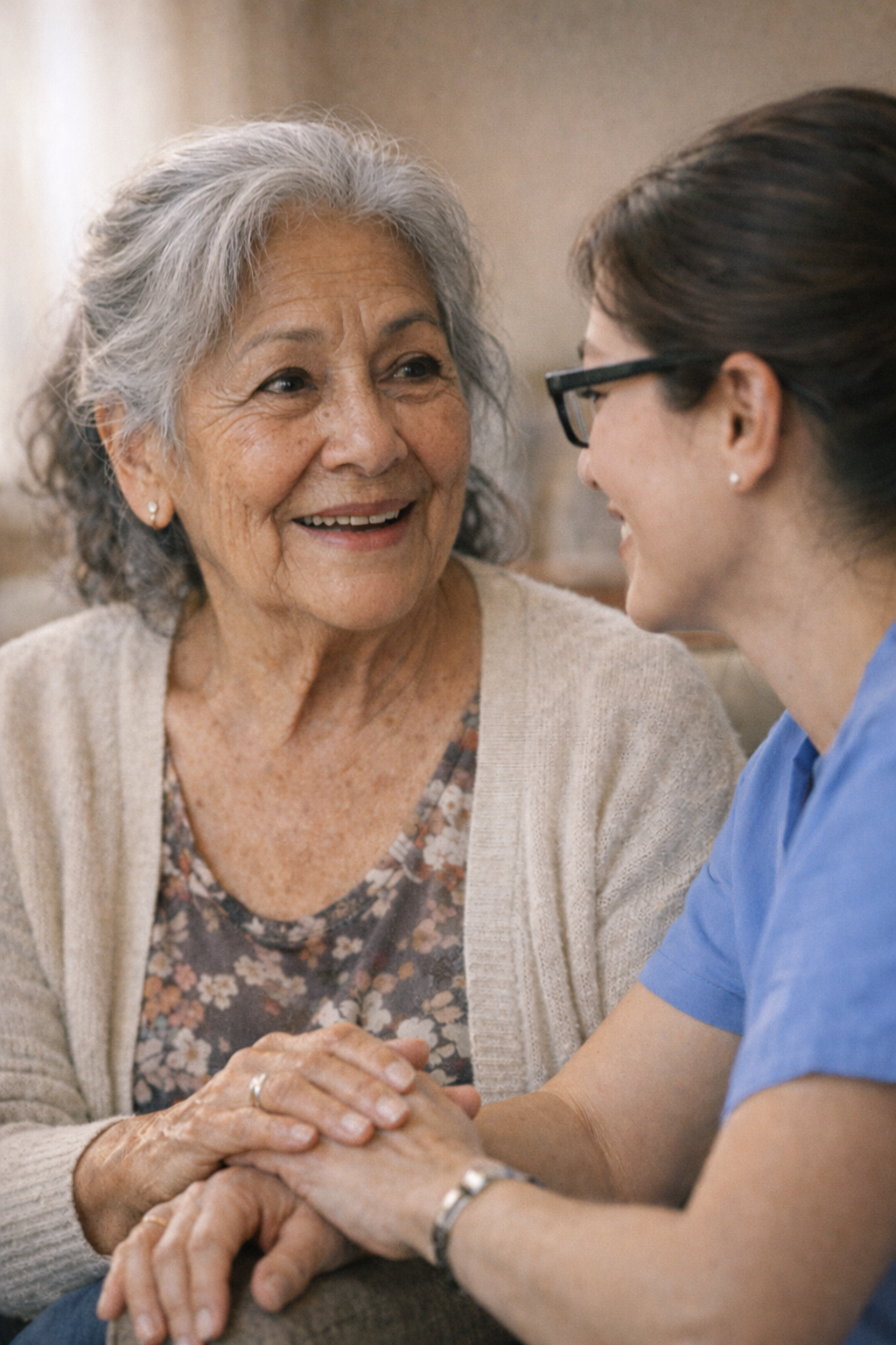 Elderly woman smiling warmly while holding hands with a young caregiver