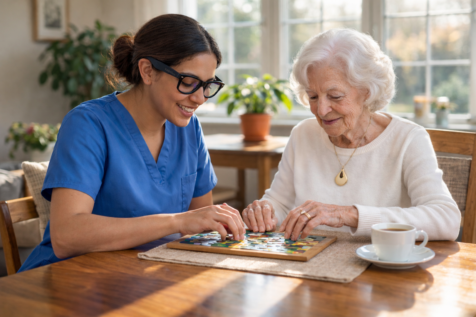 Caregiver and elderly resident working on a jigsaw puzzle together