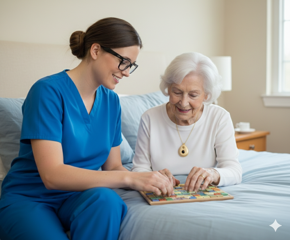 Caregiver and elderly resident working on a puzzle together on a bed