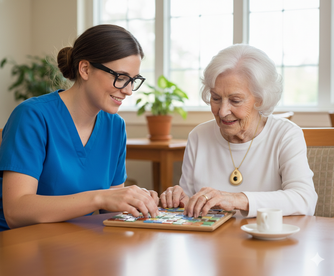 Caregiver and elderly resident working on a puzzle together in a bright care facility