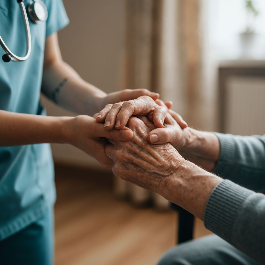 Close-up of caregiver and elderly resident holding hands