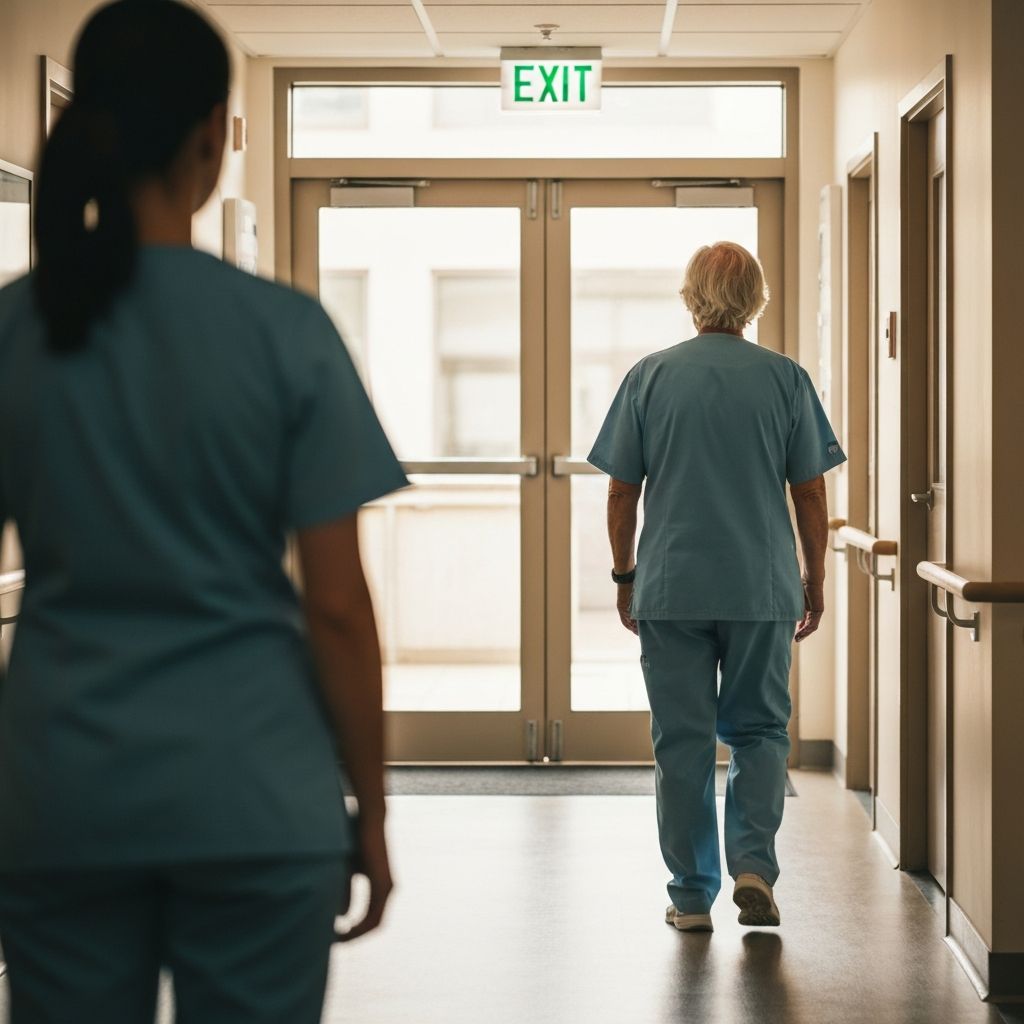 Experienced caregiver walking toward an exit